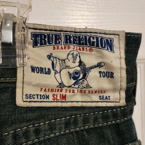 True Religion Men's Denim Blue Jeans Size 36 Slim 100% Cotton Distressed Ripped - Picture 12 of 15